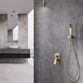 Luxury Modern Ceiling Mounted 8 10 12 Ultrathin Square Rain Showerhead Shower System Pressure Balance Valve And Trim Brushed Gold Cupc Modern Ceiling Mounted 8 10 12 Ultrathin Square