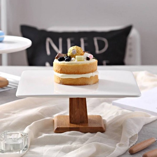 10'' Square Ceramic Cake Stand Decorative Porcelain Wood Compote Serving Tray Tableware for Pudding Chiffon Cake Muffin Tiramisu
