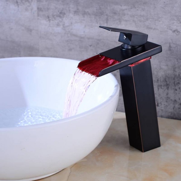 10.6" Black Water Powered LED Faucet Bathroom Basin Faucet Brass Mixer Tap Waterfall Faucets Hot Cold Crane Basin Tap