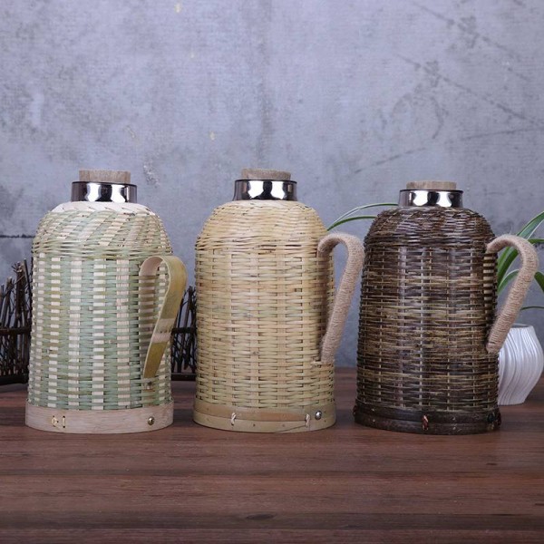 1600ml Thermal Insulated Water Kettle Handmade Bamboo Weave Water Bottle Container Kitchen Items With Lid Creative Vacuum Flask