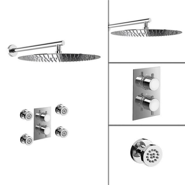 16" Round Mixer Thermostatic Shower Set Ultra Thin Head with Chrome Bathroom Massage Body Jets Thermostatic Faucets