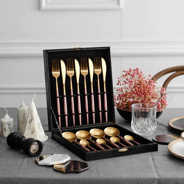 16pcs Kitchen food Golden Stainless Steel Steak Knife Fork Set Pink Gold Cutlery Set With Luxury Wood Gift Box Drop Shipping