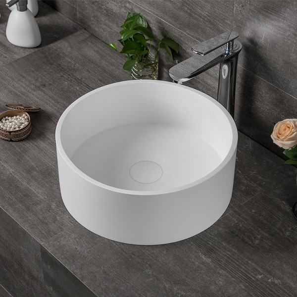 17.7" Matte/Glossy White Stone Resin Round Solid Surface Bathroom Sink Above Counter Popup Drain Included