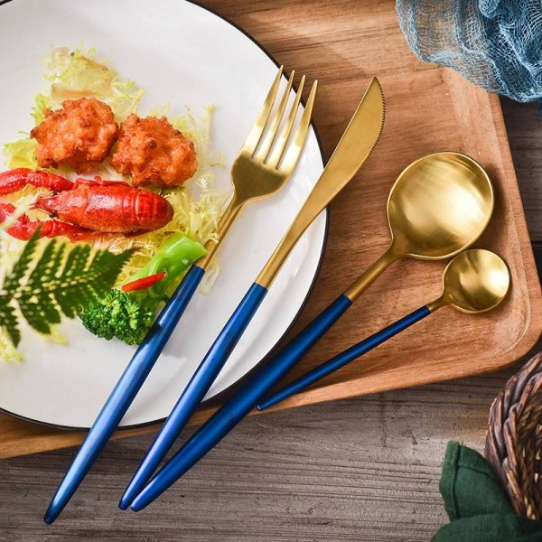 18/10 Quality Stainless Steel Steak Knife Fork Tableware Blue Gold Cutlery Set With Gift Box Drop Shipping