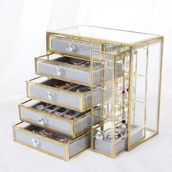  New Drawer Storage Box Gold Jewelry Storage Box Earrings Earrings Necklace Glass Desktop Jewelry Box Gifts
