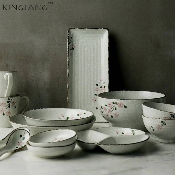 2 Person/ 6 Person Ceramic Tableware Sets Japanese Flower Designed Ceramic Bowls Long Sushi Big Bowl Porcelain Dinner Set