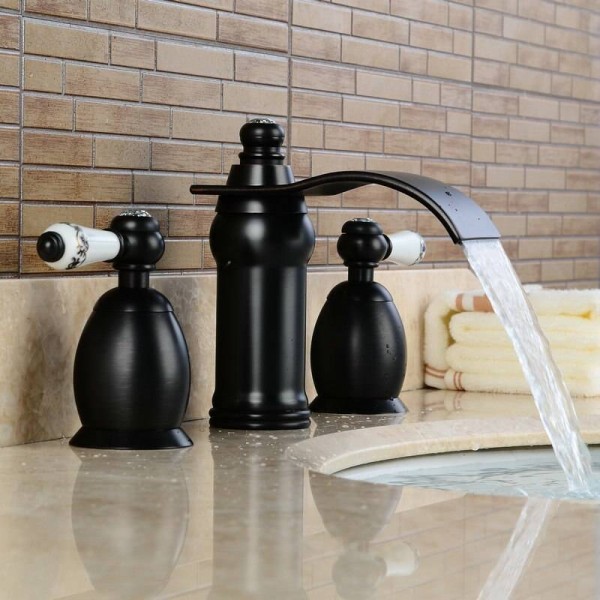 3Pcs Waterfall Faucet Blacked Basin Faucets Deck Mounted Bathroom Tap Sink or Bathtub Faucet 2 handles Faucet BA06
