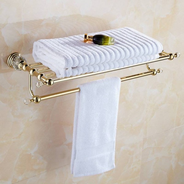 611G Series Golden Polish Brass & Crystal Wall Mounted Bathroom Accessories SetsTowel Rack Towel Shelf Hook Paper Holder