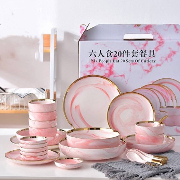 6 People Set Pink Marble Ceramic Dinner Dish Rice Salad Noodles Bowl Soup Plates Dinnerware Sets Tableware Kitchen Cook Tool
