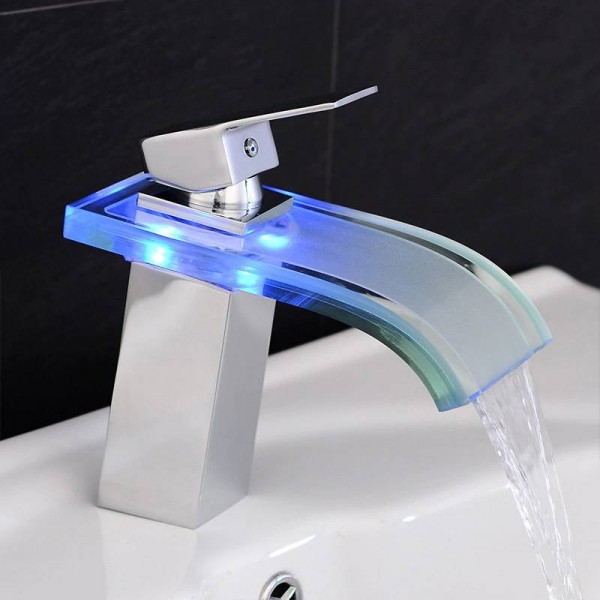 Basin Faucet Bathroom Waterfall LED Faucet Glass Waterfall Brass Bathroom Mixer Tap Deck Mounted Basin Sink Mixer Tap LH-16802