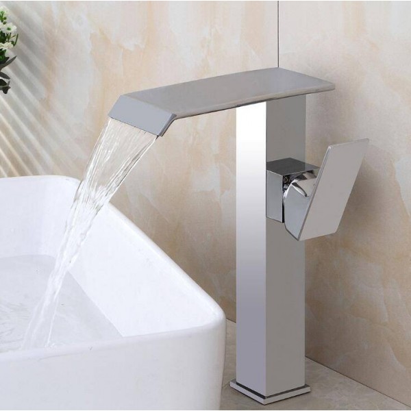 Basin Faucet Brass Black Waterfall Bathroom Sink Faucet Single Handle Big Square Lavatory Deck Hot Cold Mixer Tap Crane A1013