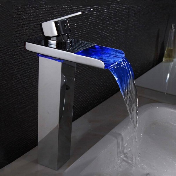 Basin Faucet Chrome Deck Temperature Controlled Bathroom Sink Faucet Waterfall LED Light Electric Crane Mixer Water Tap LH-16806