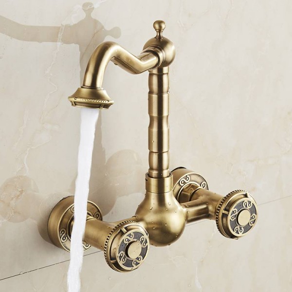 Basin Faucets Antique Brass Wall Mounted Kitchen Bathroom Sink Faucet Dual Handle Swivel Spout Hot Cold Water Mixer Tap LAD-18003