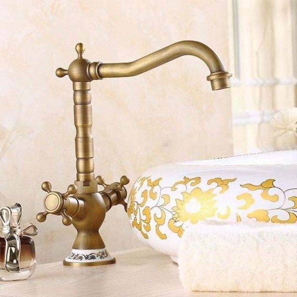Basin Faucets Antique Bronze Brass Bathroom Sink Faucet 360 Degree Swivel Dual Handle Kitchen Washbasin Mixer Taps WC Taps H-15