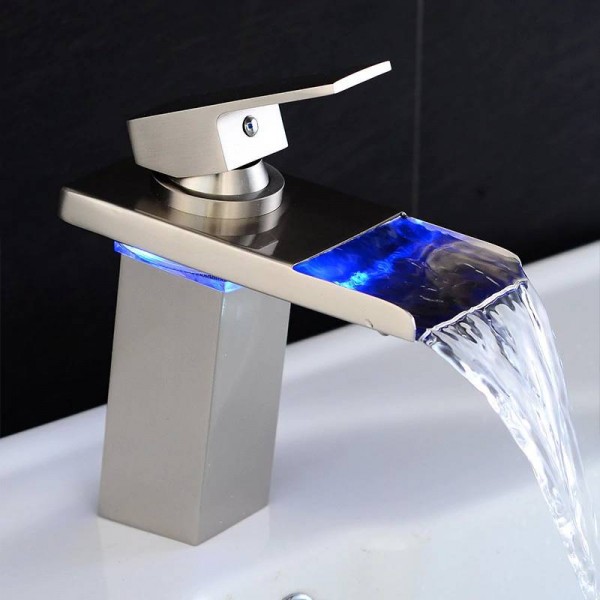Basin Faucets LED Light Waterfall Basin Tap for Bathroom Torneira Led Chrome Finish Deck Mounted Sink Mixer Tap LH-16808