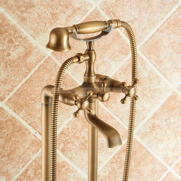 Bathtub Faucet Solid Brass Luxury Floor Standing Bathroom Bathtub Faucet Antique Dual Handle with Handheld Shower Crane HJ-6051