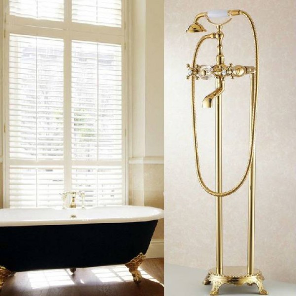 Bathtub Faucets Bathroom Gold Floor Stand Faucets Telephone Type Bath Shower Mixer Brass Shower Set Luxury Bathtub Tap HJ-5028K
