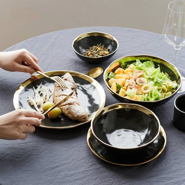 Ceramic Plate Black Gilt Tableware Home Kitchen Ceramic Bowl Gold Plate