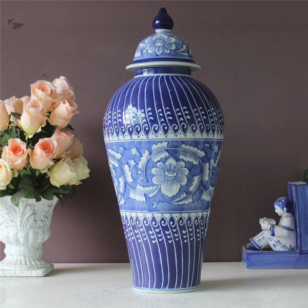  Hand Painted Blue And White Porcelain temple jar With Lid Ceramic Model Room Ornament Crafts big ceramic jar
