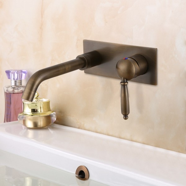 Antique Brass Wall Mount Swivel Spout Bathroom Sink Faucet Mixer Basin Tap 