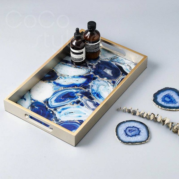  InsFashion luxury wooden glass serving tray with agate pattern for nordic style home decor and five-star hotel decor