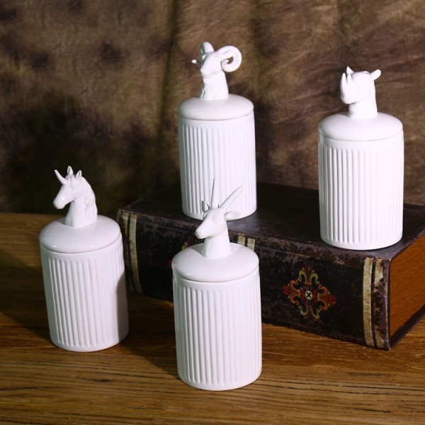 Contemporary Cylinder 4-Piece Ceramic Kitchen Storage Canister Set with Animal Lid in Ivory