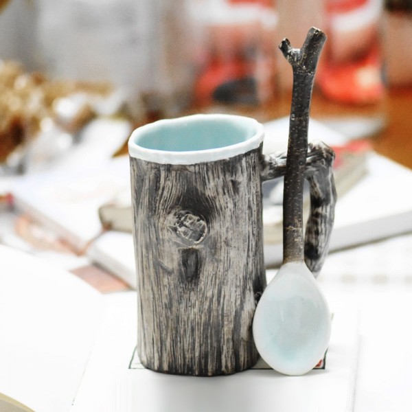 Country Rustic Ceramic Uneven Tree Bark Mug with Twig Designed Spoon Distress
