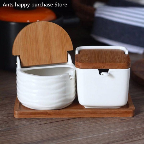 Bamboo Salt & Pepper Box Wood Round Kitchen Storage Case With Lid And Spoon 