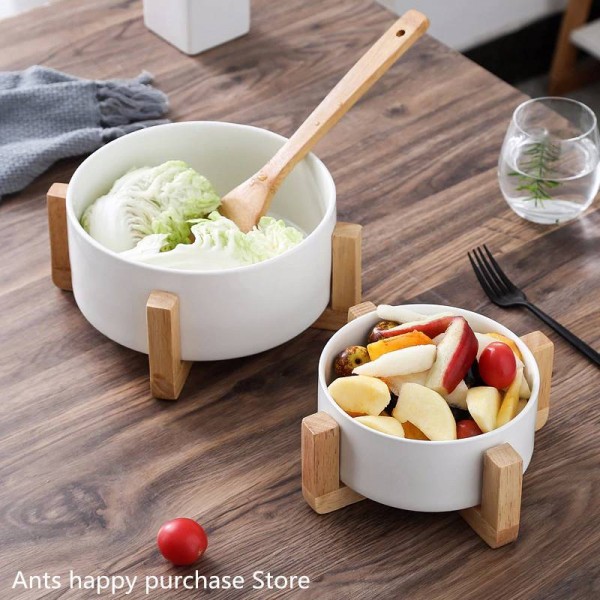 Creative fruit salad bowl Household ceramic soup bowl Soup pot Large snacks instant noodle bowl With wooden frame