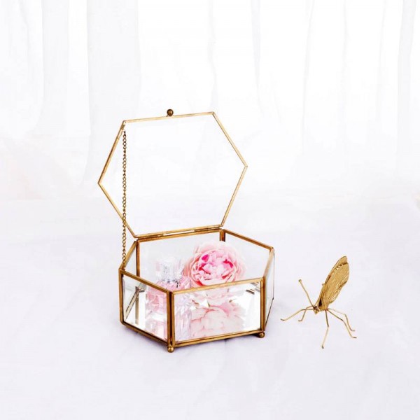 Decorative Storage Box Hexagonal Glass Geometric Jewelry Box Mirror Jewelry Eternal Flower Decoration Box Crafts