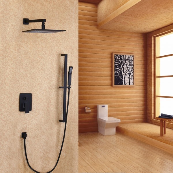 Dree Contemporary Wall-Mount Square Rain Shower & Slide Bar Hand Shower System in Matte Black Solid Brass
