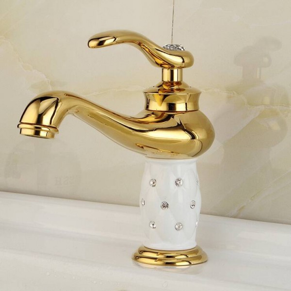 Euro Style Brass Material Golden Plated White ceramic with Diamond Basin Mixer Taps Deck Mounted Sink Faucet XT602