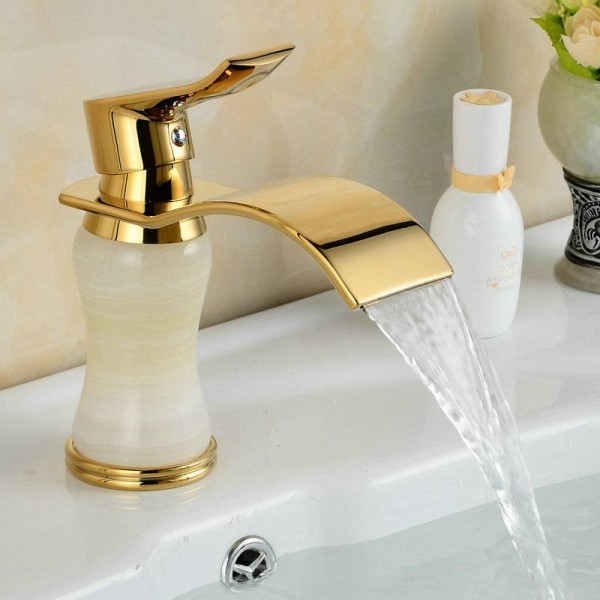 Europe Gold plated luxury single hole white body made in natural jades bathroom basin faucets 1011
