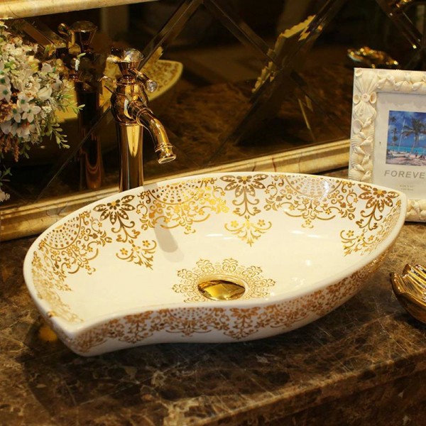 Europe Vintage Style Lavobo Ceramic Washing Basin Counter top Bathroom Sink ceramic wash basin bathroom sink gold pattern oval