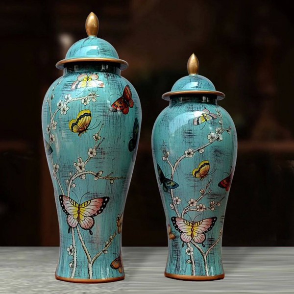 European Butterfly temple jar Model Room Handicraft Decoration Jar Storage pot porcelain ceramic jar vase