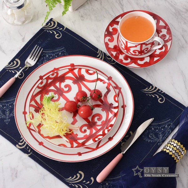 European Style Ceramic dinnerware set bone fashion Red design 4pcs dinnerware sets Striped dinner set housewarming gifts