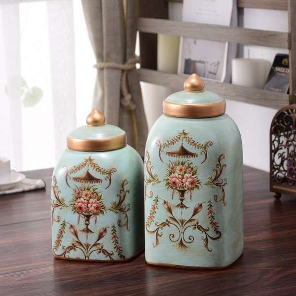 Farmhouse Vintage Ceramic Kitchen Storage Canister Hand Painted Floral Pattern with Decorative Lid in Light Green & Antique Gold Set of 2