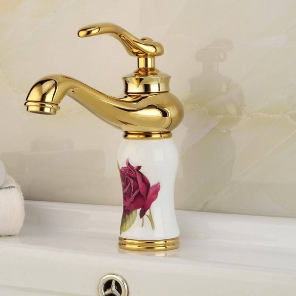 Gold plated luxury single hole white ceramic red rose bathroom basin faucets 1005
