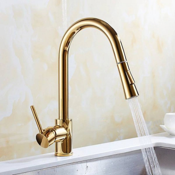 Golden Polished Pull Out Faucets Kitchen Faucet Basin Hot Cold Mixer Tap Sink Faucet 2 Function Spring&Stream KL8055D