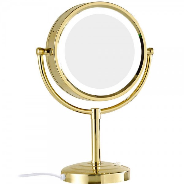  10x/1x Magnification Makeup Mirror with LED Lights Double Side Round Crystal Glass Standing Mirror Gold Finish M2208DJ