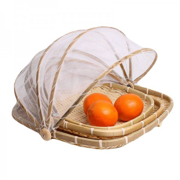 Handmade Bamboo Woven Bug Proof Wicker Basket with Gauze Food Fruit Cover  H1 