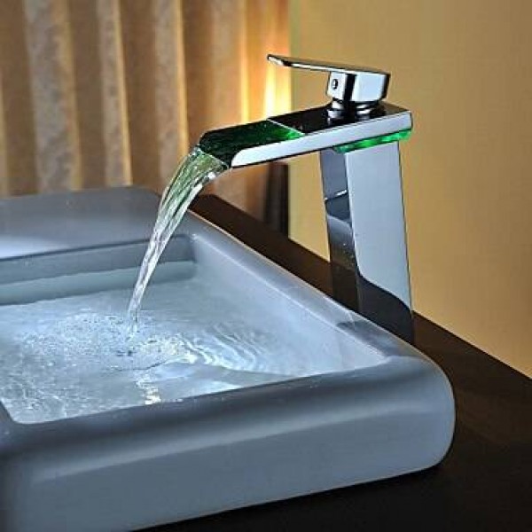 Higher Battery RGB LED light Bathroom Basin Sink Mixer Tap Brass Waterfall Faucet