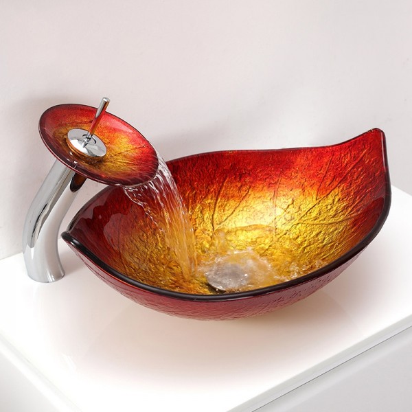 Hot Melted Red&Gold Leaf Shaped Tempered Glass Vessel Sink Waterfall Faucet Set