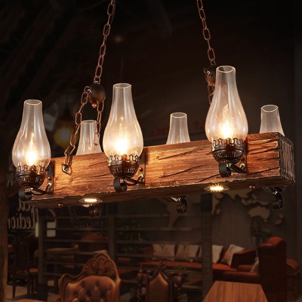 Industrial Loft Dark Distressed Wood Beam 6-Light Large Pendant Light with Chimney Glass Shade