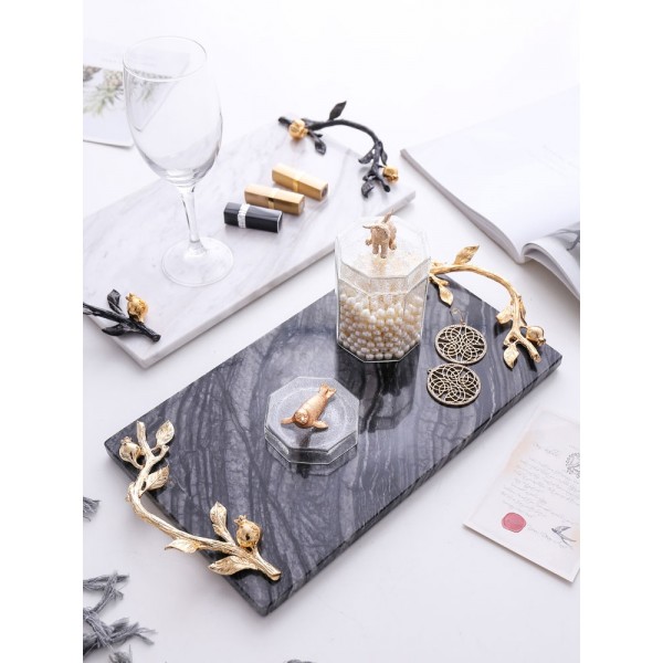  InsFashion high-class white marble seving tray with gold handle for royal style home and five-star restaurant decor
