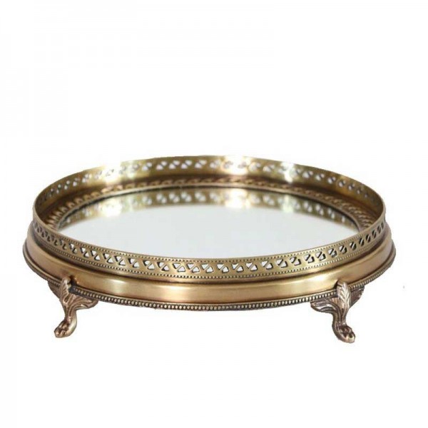  InsFashion luxury round handmade mirror brass serving tray with feet for royal wedding party event and home decor