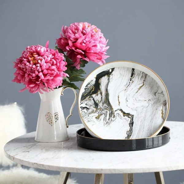  InsFashion normcore round white and black marble pattern wooden tray for fashion and modern style home decor tea tray