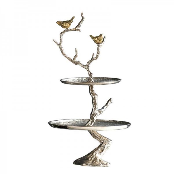  InsFashion super luxury two-layer tree model fruit brass serving tray with bird for five-star hotels or restaurant