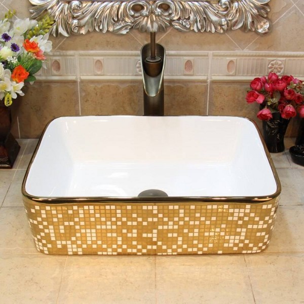 Luxury Ceramic Washbasin Gold And White mosaic bathroom sink wash basin ...