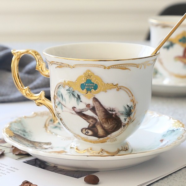  Jungle Animal Gold Bone Tea Cup Saucer British Style Ceramic Coffee Cups Sets Fashion Porcelain Teacup